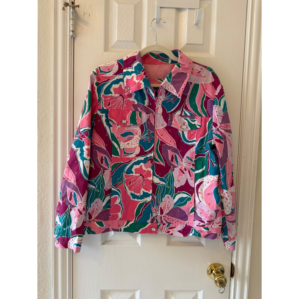 Redd Jeans Floral Jacket Pink Teal Purple Rhinestone Embellished Size‎ 10